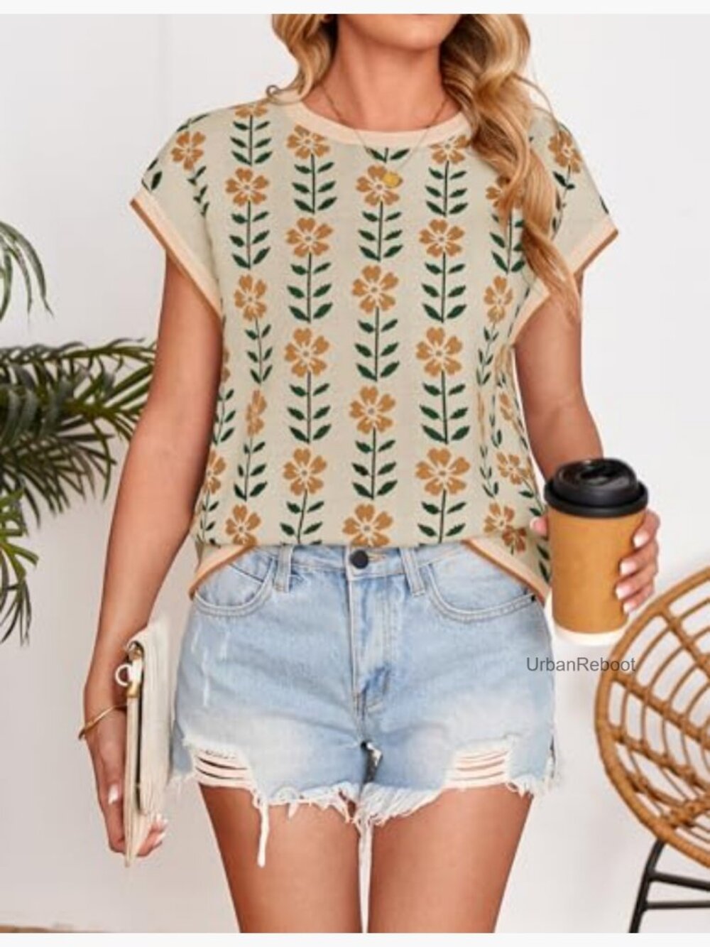 Women's Floral Short Sleeve Sweater Vest Crewneck Loose Knit Tank Top - Picture 4 of 7